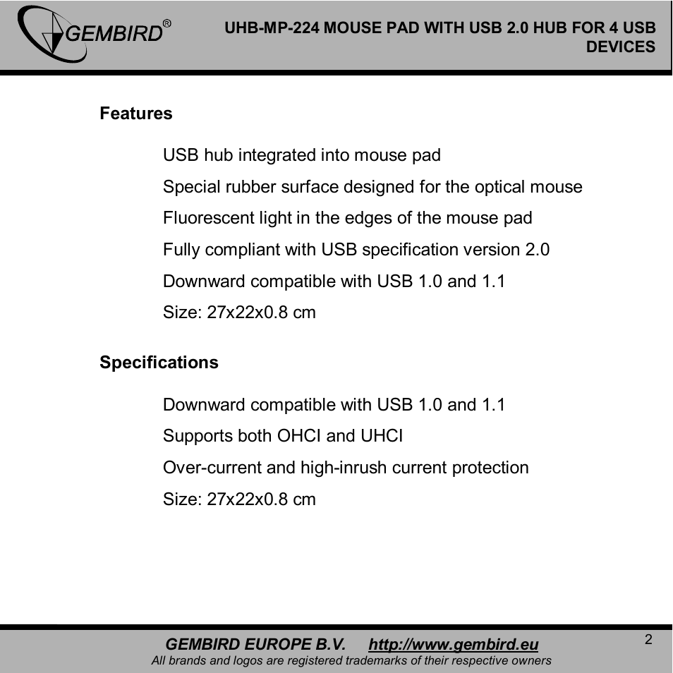 Gembird UHB-MP-224 User Manual | Page 2 / 11