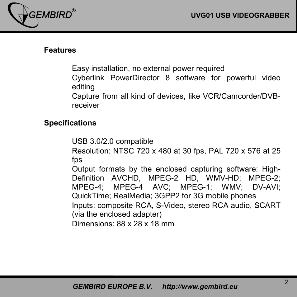 Gembird UVG01 User Manual | Page 2 / 12