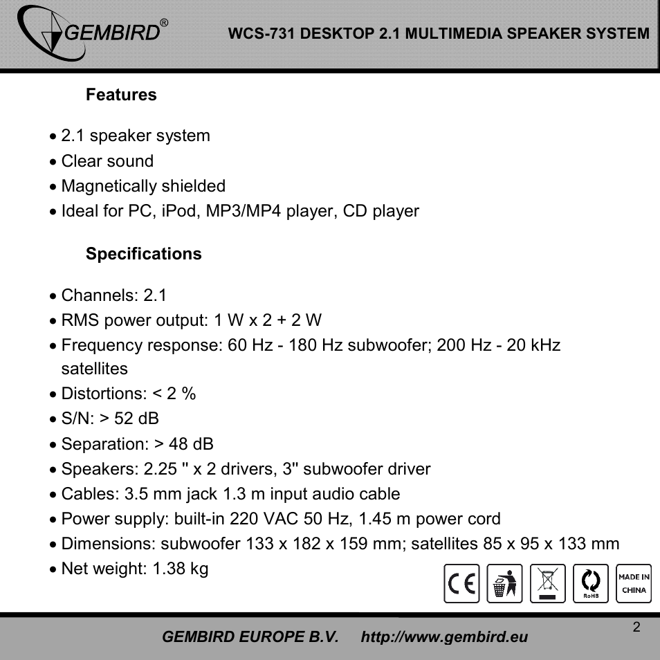 Gembird WCS-731 User Manual | Page 2 / 10