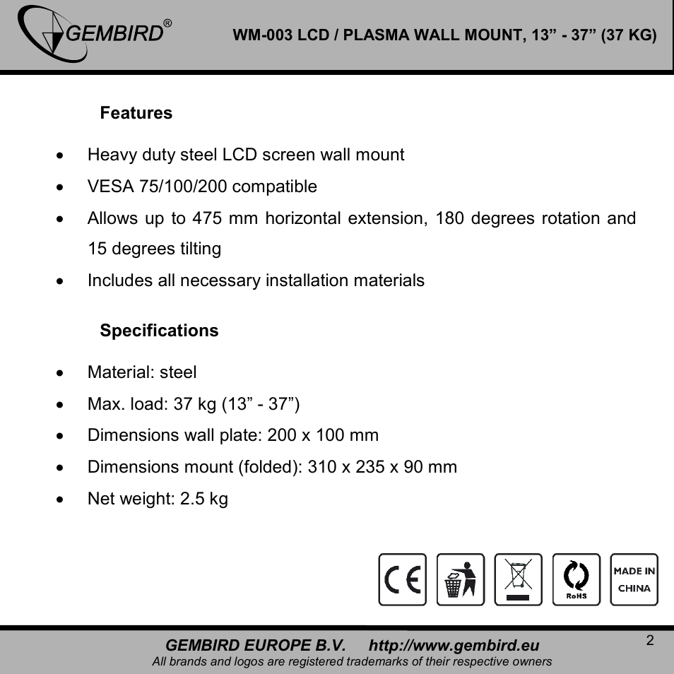 Gembird WM-003 User Manual | Page 2 / 11