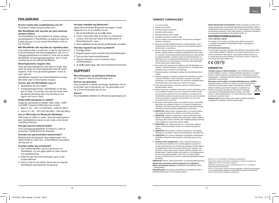 Support, Feilsøking | Geneva Lab WorldRadio DAB+ User Manual | Page 20 / 40