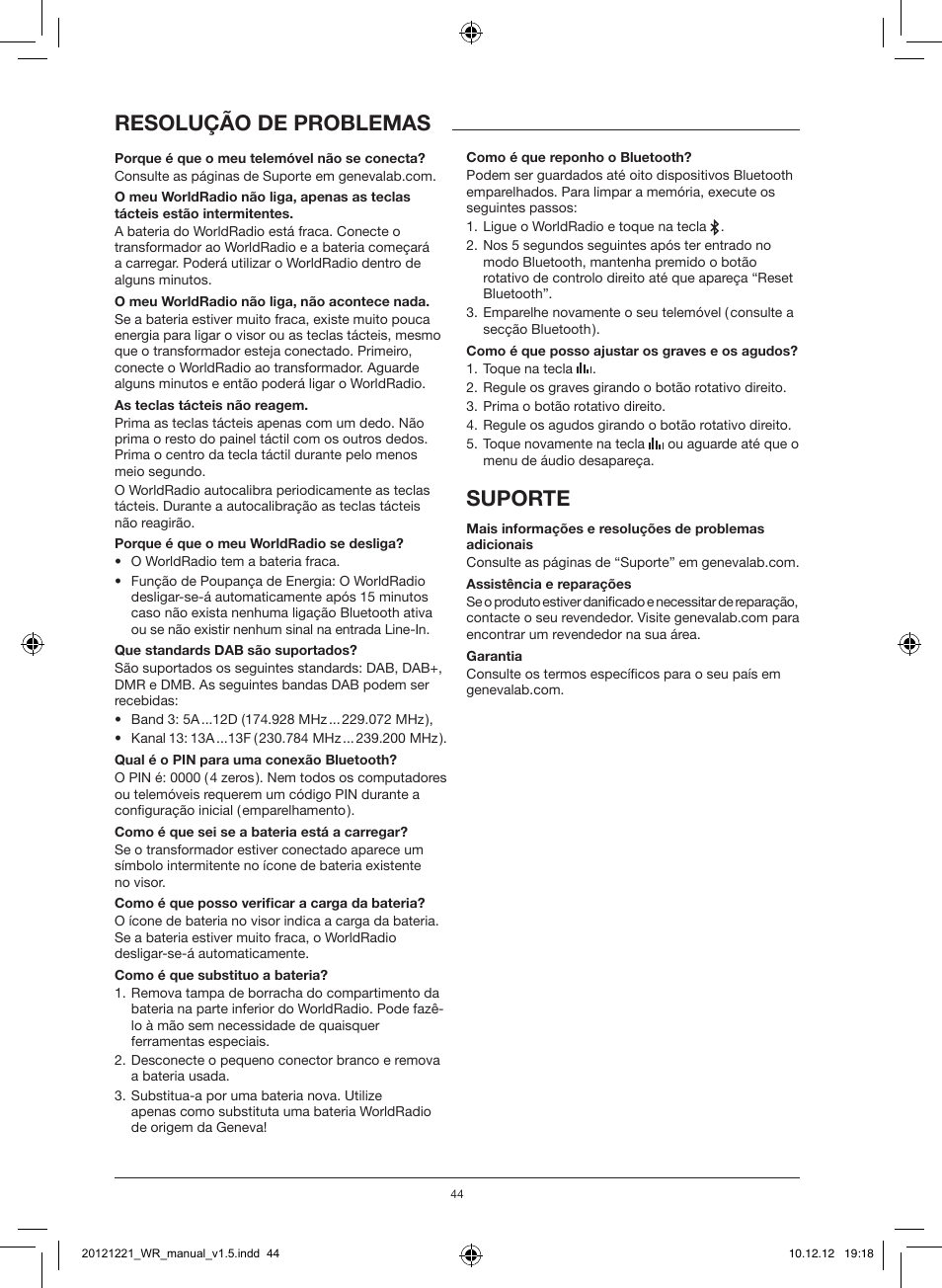 Resoluçãodeproblemas, Suporte | Geneva Lab WorldRadio DAB+ User Manual | Page 24 / 40