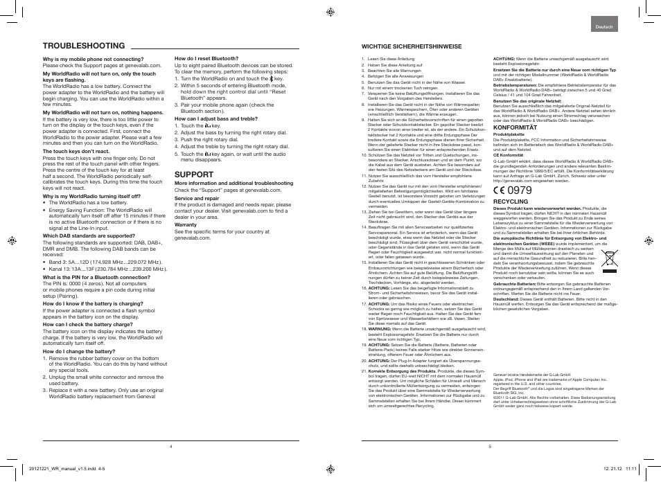 Troubleshooting, Support | Geneva Lab WorldRadio DAB+ User Manual | Page 4 / 40