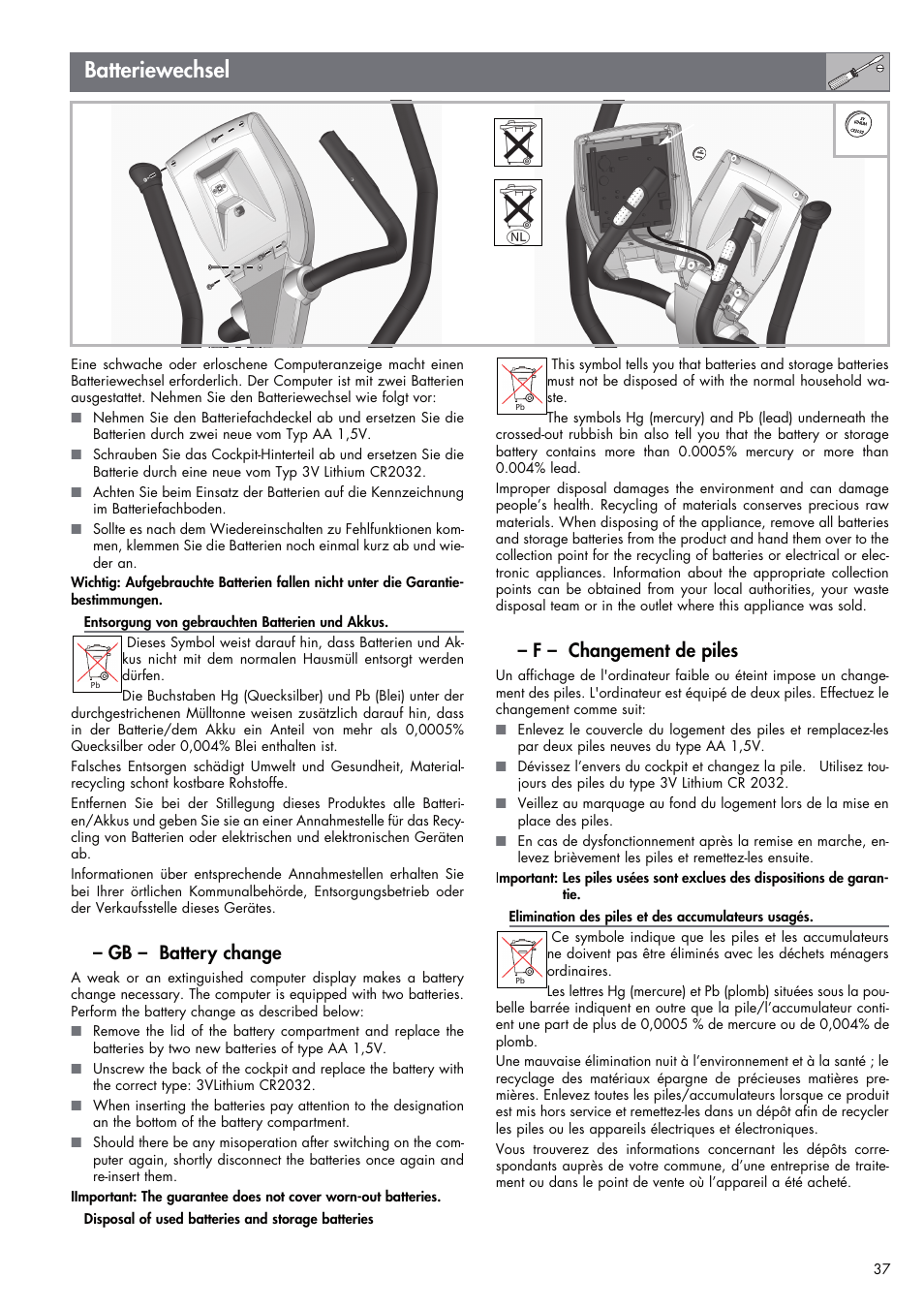 Batteriewechsel, Gb – battery change, F – changement de piles | Kettler UNIX EX (maintenance) User Manual | Page 13 / 20
