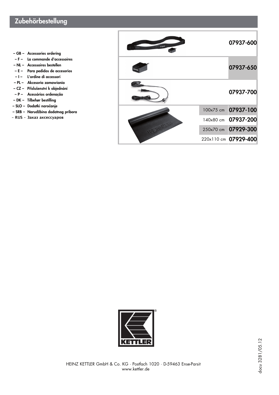 Zubehörbestellung | Kettler UNIX EX (maintenance) User Manual | Page 20 / 20
