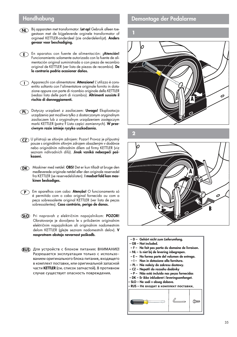Ab c, Handhabung, Demontage der pedalarme | Kettler E7 (maintenance) User Manual | Page 13 / 22