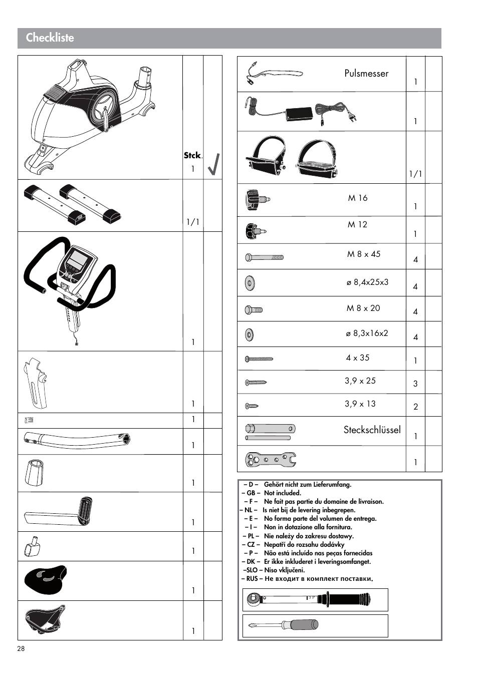 Checkliste, Steckschlüssel, Pulsmesser | Kettler E7 (maintenance) User Manual | Page 6 / 22