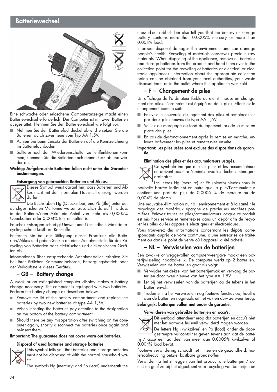 Batteriewechsel, Gb – battery change, F – changement de piles | Nl – verwisselen van de batterijen | Kettler Coach M (maintenance) User Manual | Page 12 / 17