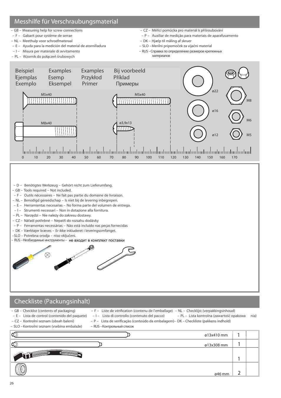 Messhilfe für verschraubungsmaterial, Checkliste (packungsinhalt) | Kettler Coach M (maintenance) User Manual | Page 4 / 17