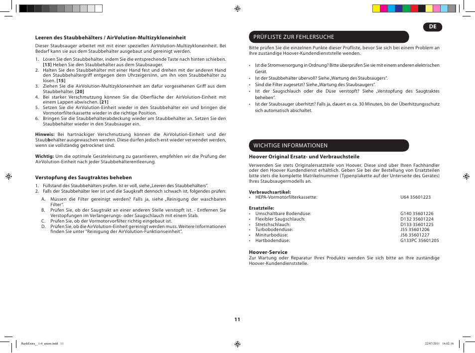 Hoover RUSH EXTRA TRE 420 019 User Manual | Page 13 / 71