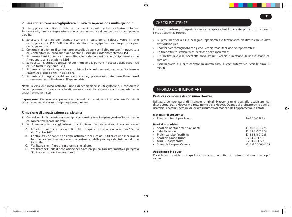 Hoover RUSH EXTRA TRE 420 019 User Manual | Page 17 / 71