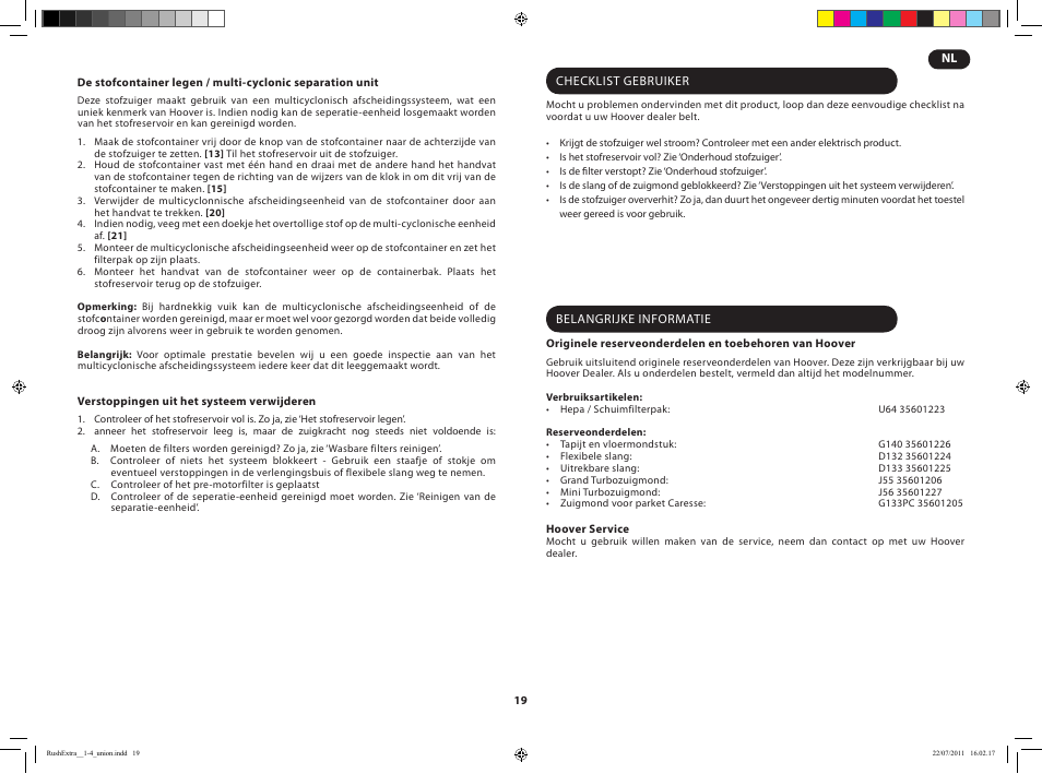 Hoover RUSH EXTRA TRE 420 019 User Manual | Page 21 / 71