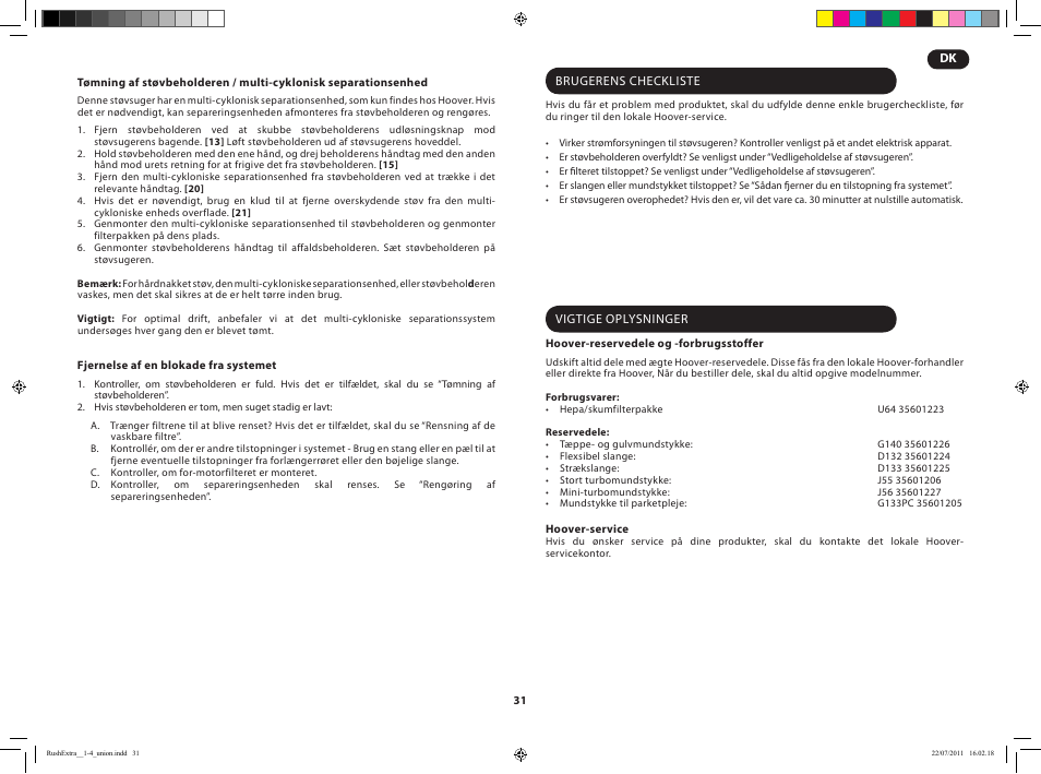 Hoover RUSH EXTRA TRE 420 019 User Manual | Page 33 / 71