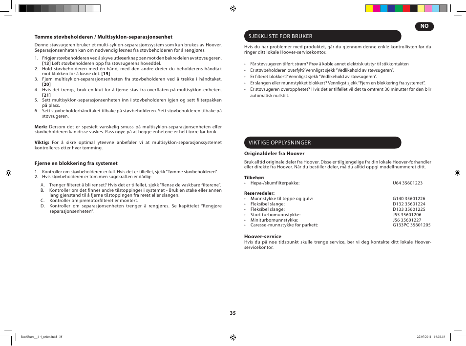 Hoover RUSH EXTRA TRE 420 019 User Manual | Page 37 / 71