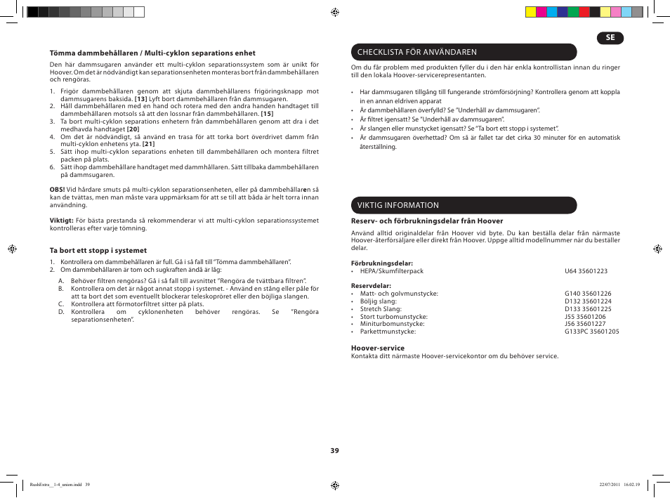 Hoover RUSH EXTRA TRE 420 019 User Manual | Page 41 / 71