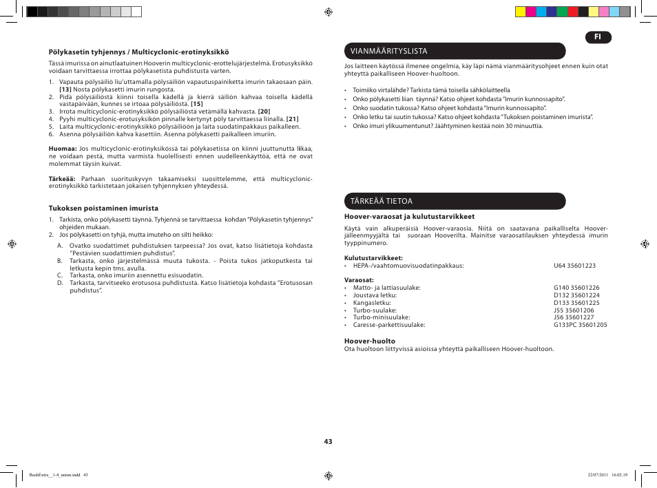 Hoover RUSH EXTRA TRE 420 019 User Manual | Page 45 / 71