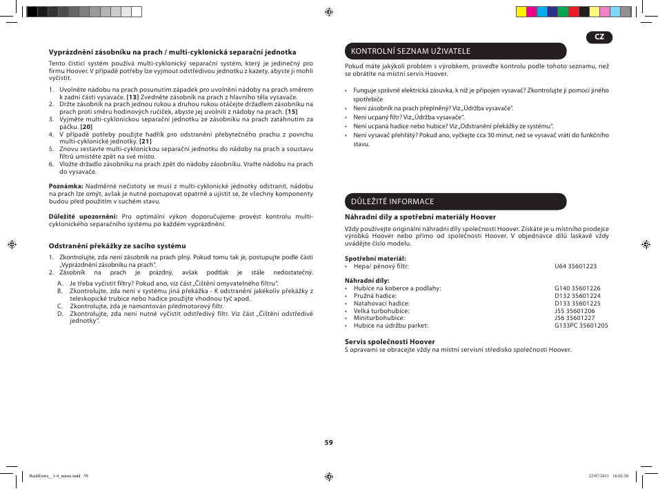 Hoover RUSH EXTRA TRE 420 019 User Manual | Page 61 / 71