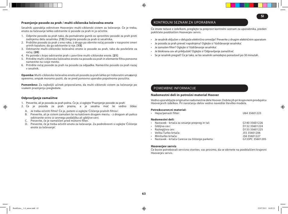 Hoover RUSH EXTRA TRE 420 019 User Manual | Page 65 / 71