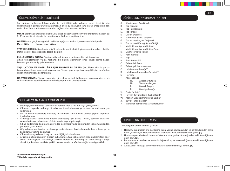 Hoover RUSH EXTRA TRE 420 019 User Manual | Page 67 / 71