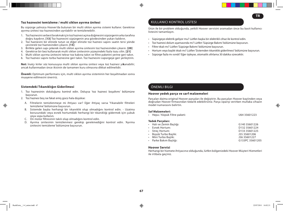 Hoover RUSH EXTRA TRE 420 019 User Manual | Page 69 / 71