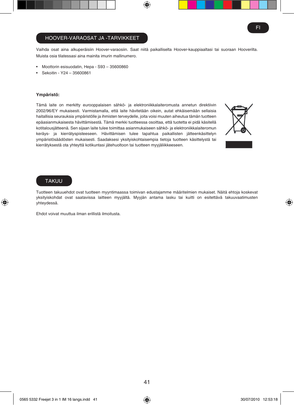 Hoover FREEJET FJ180B2 011 User Manual | Page 41 / 50