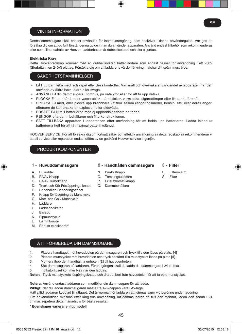 Hoover FREEJET FJ180B2 011 User Manual | Page 45 / 50