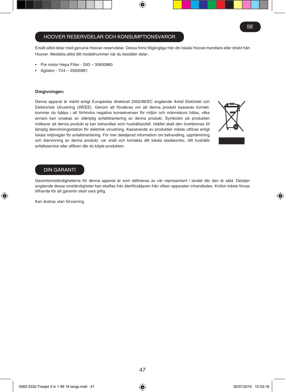 Hoover FREEJET FJ180B2 011 User Manual | Page 47 / 50