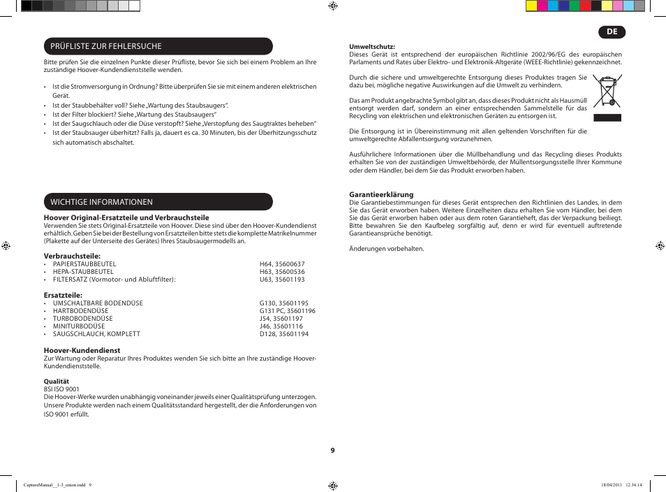 Hoover CAPTURE TCP 2120 019 User Manual | Page 11 / 50