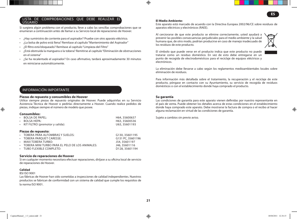 Hoover CAPTURE TCP 2120 019 User Manual | Page 23 / 50