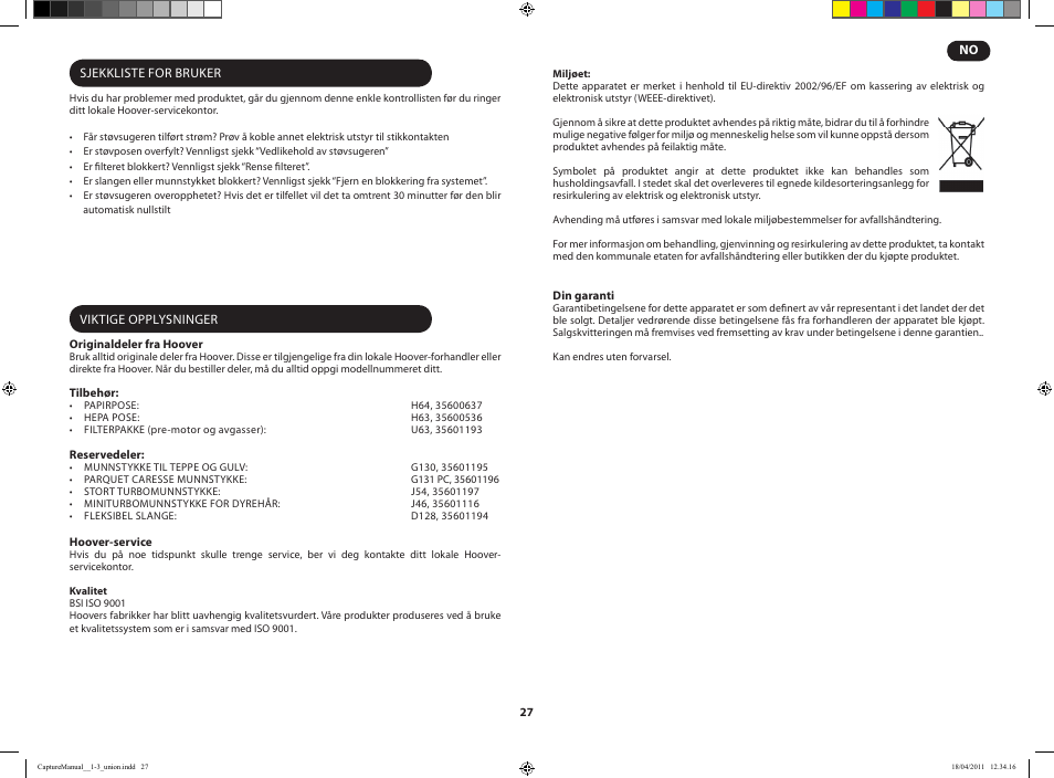 Hoover CAPTURE TCP 2120 019 User Manual | Page 29 / 50