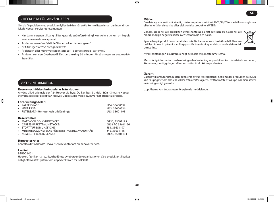 Hoover CAPTURE TCP 2120 019 User Manual | Page 32 / 50