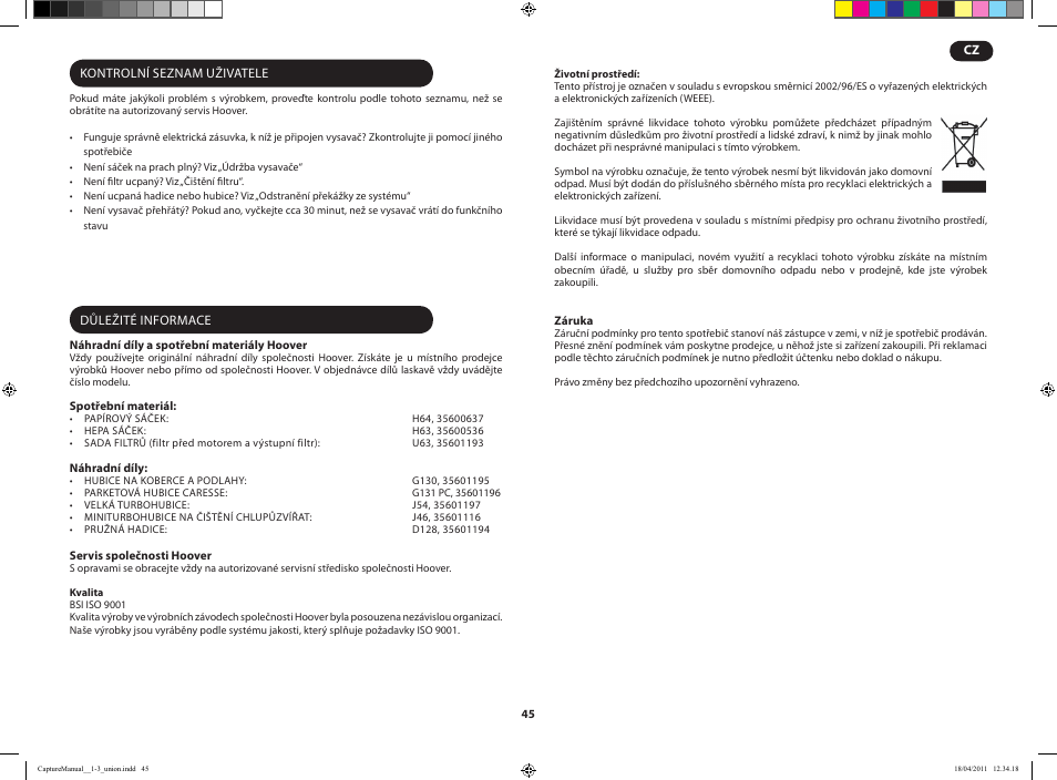 Hoover CAPTURE TCP 2120 019 User Manual | Page 47 / 50