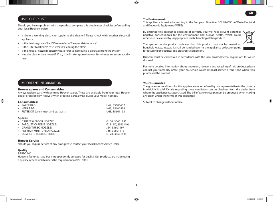 Hoover CAPTURE TCP 2120 019 User Manual | Page 5 / 50