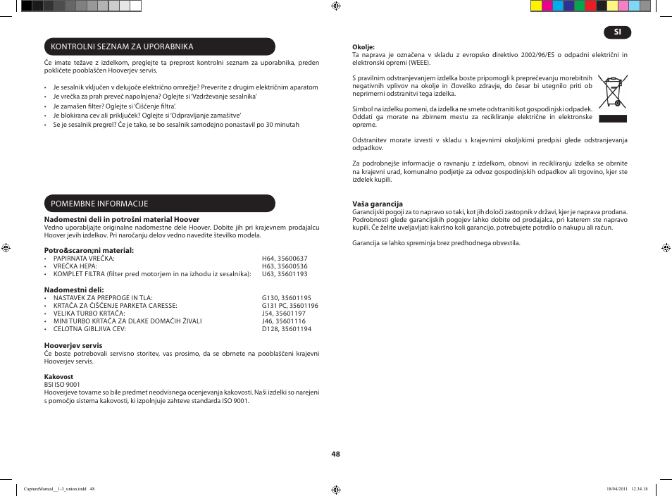 Hoover CAPTURE TCP 2120 019 User Manual | Page 50 / 50