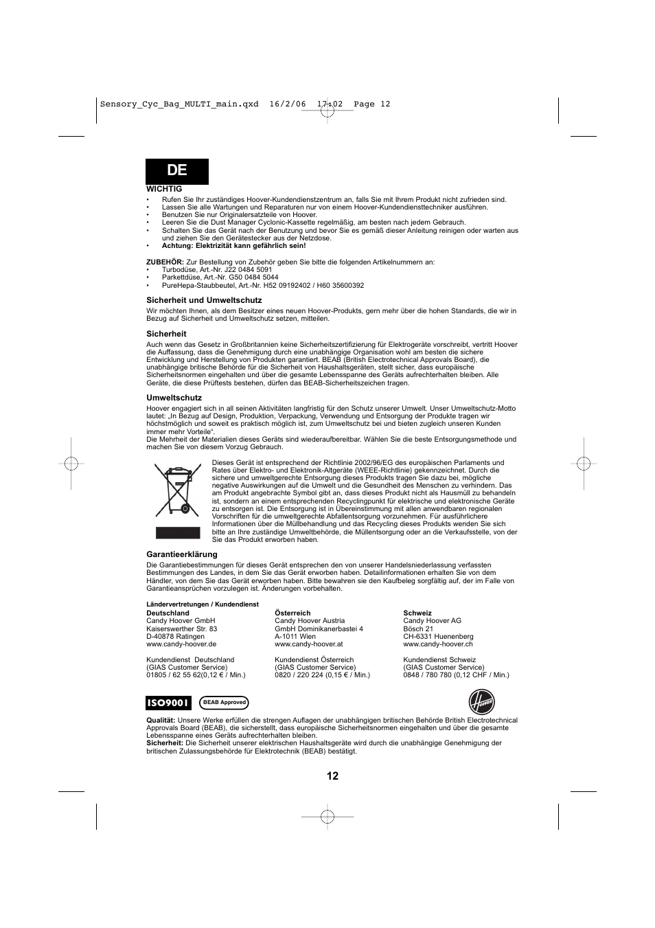 Hoover SENSORY TC 5202 011 User Manual | Page 12 / 64