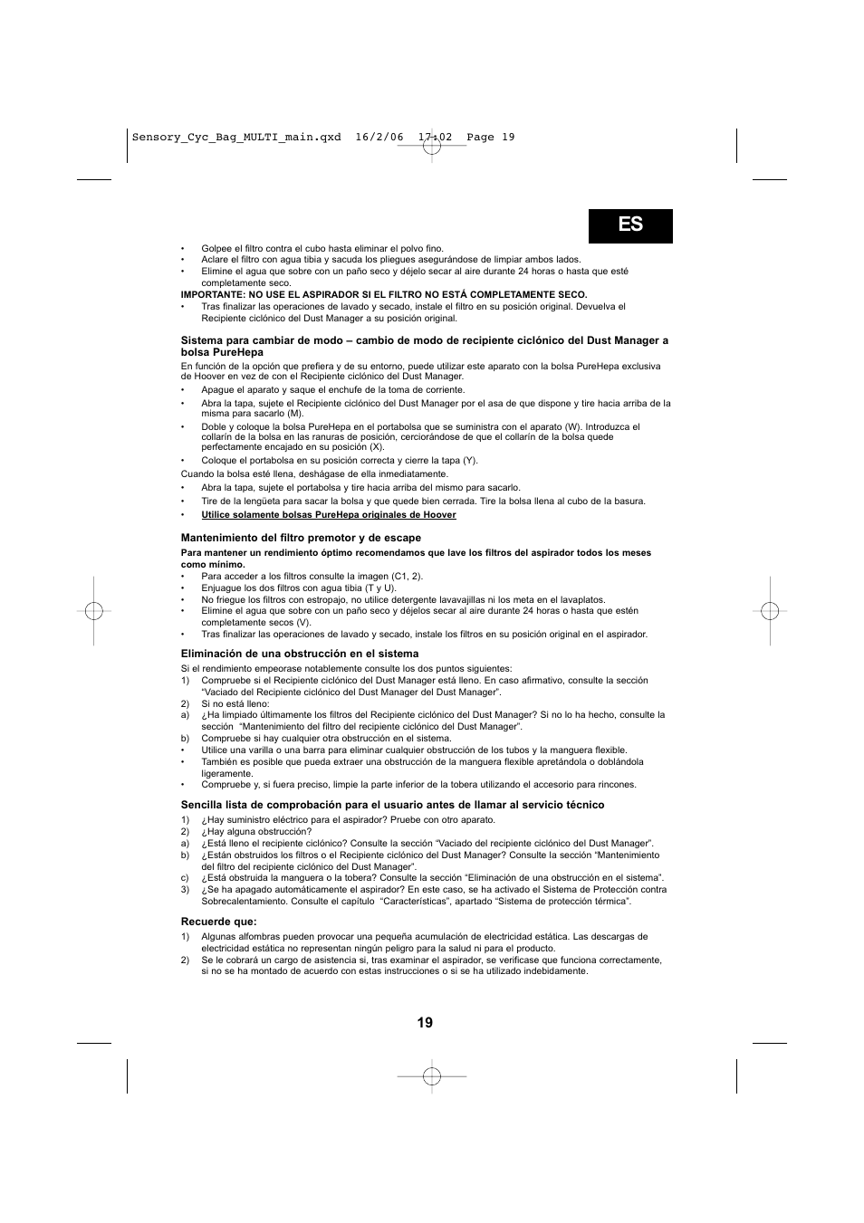 Hoover SENSORY TC 5202 011 User Manual | Page 19 / 64