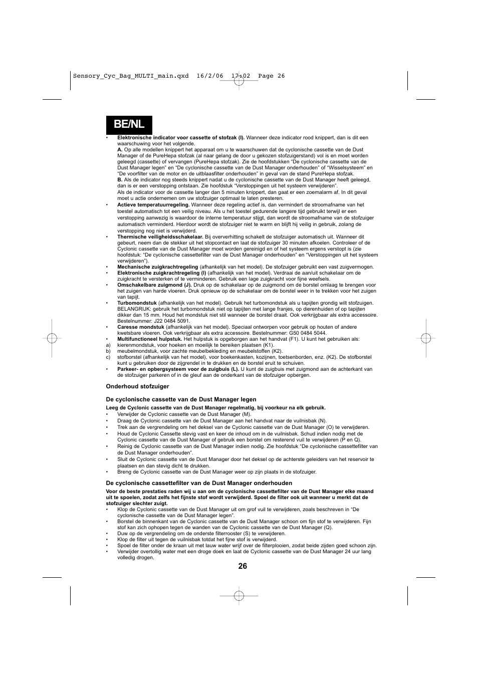 Be/nl | Hoover SENSORY TC 5202 011 User Manual | Page 26 / 64