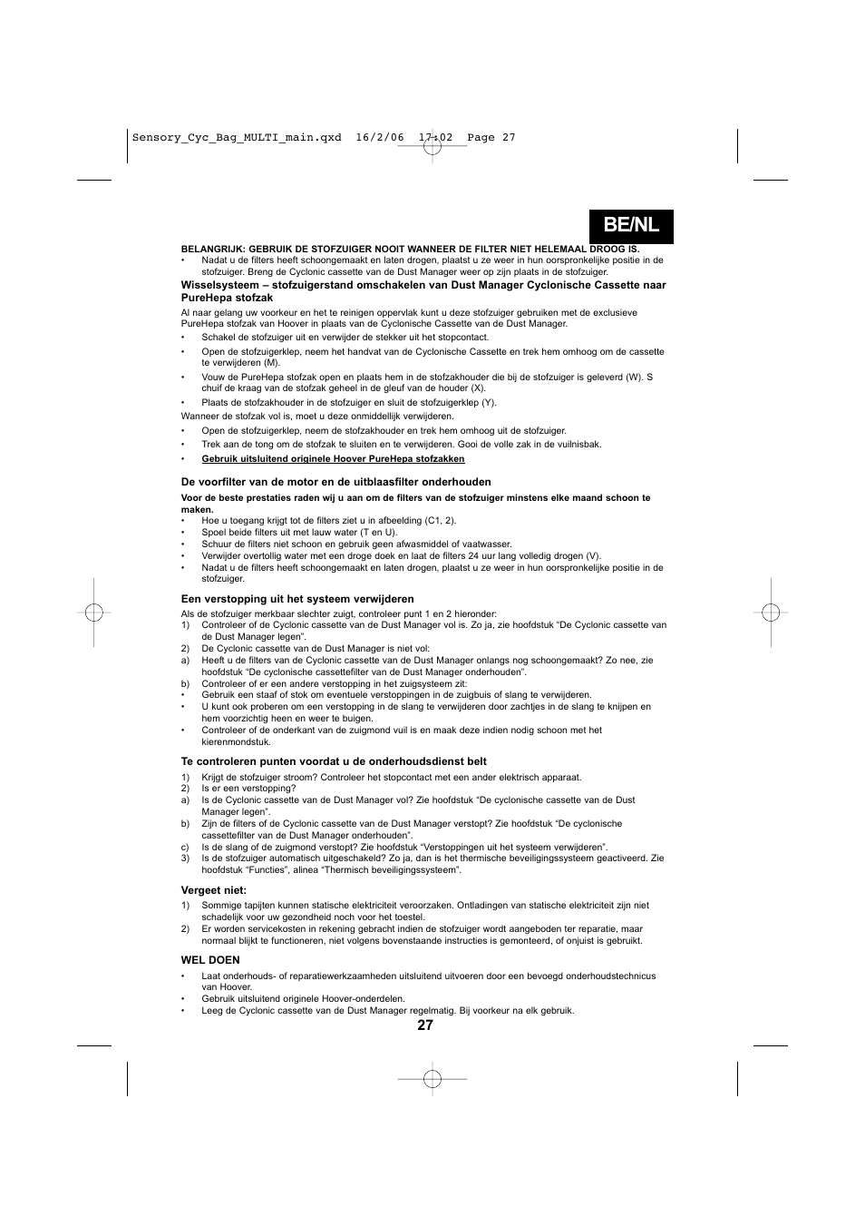 Be/nl | Hoover SENSORY TC 5202 011 User Manual | Page 27 / 64