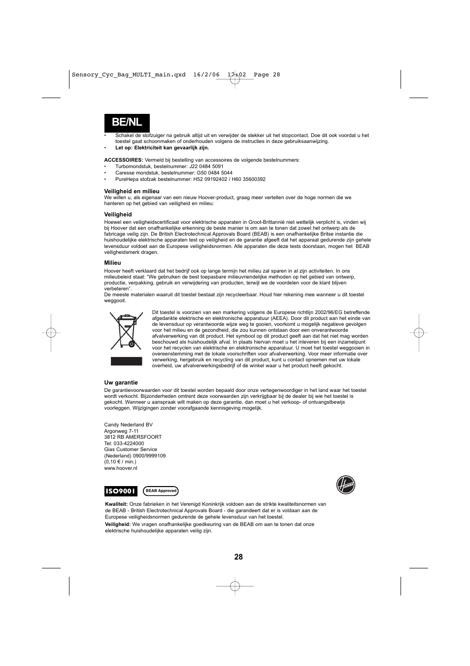 Be/nl | Hoover SENSORY TC 5202 011 User Manual | Page 28 / 64