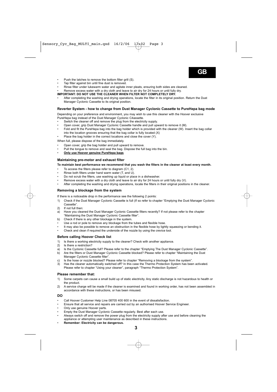 Hoover SENSORY TC 5202 011 User Manual | Page 3 / 64