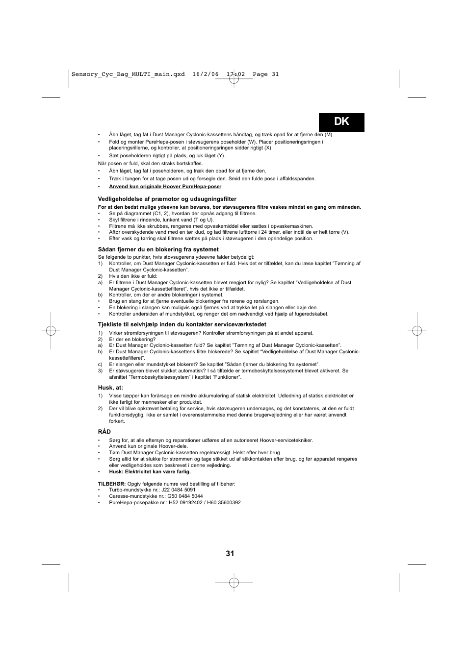 Hoover SENSORY TC 5202 011 User Manual | Page 31 / 64