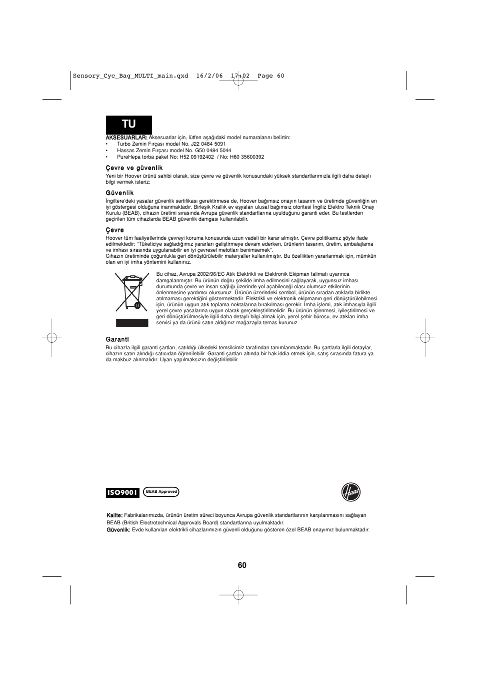 Hoover SENSORY TC 5202 011 User Manual | Page 60 / 64