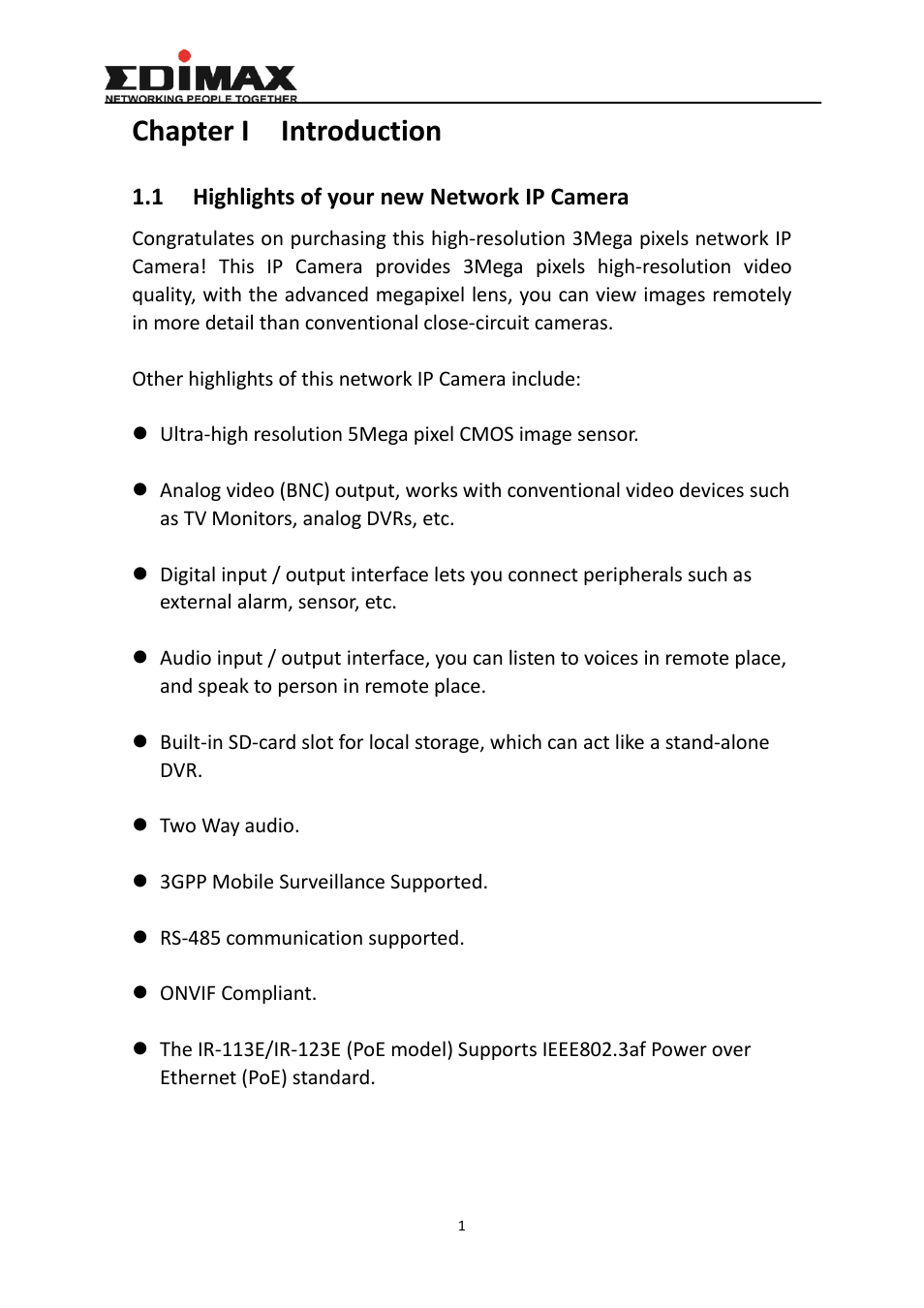 Chapter i, Introduction, Highlights of your new network ip camera | Chapter i introduction | Edimax Technology IR-123E User Manual | Page 4 / 73