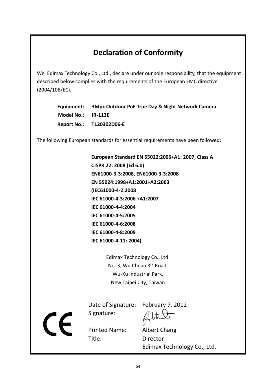 Declaration of conformity | Edimax Technology IR-123E User Manual | Page 67 / 73