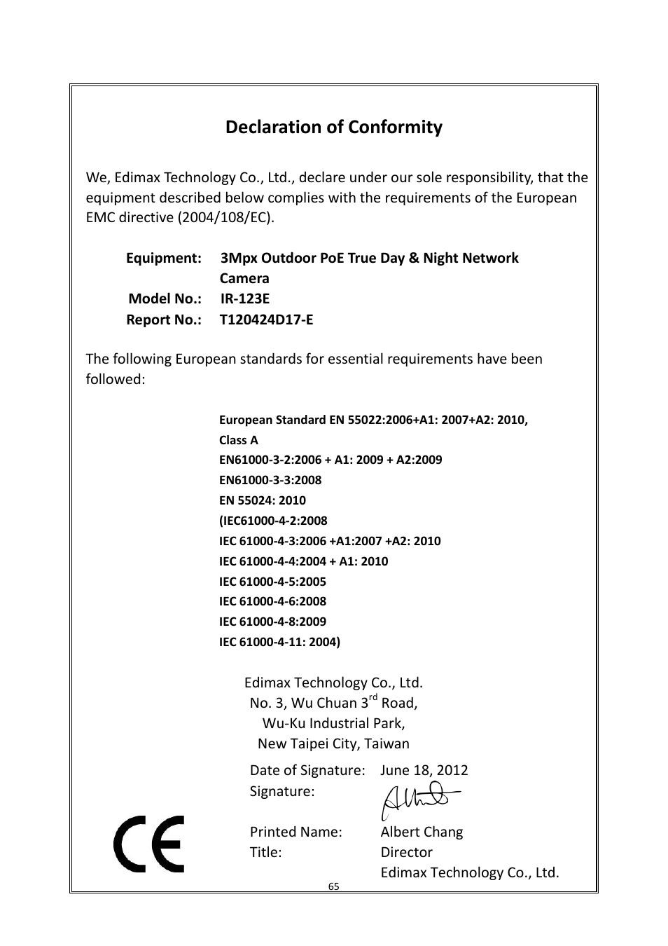 Declaration of conformity | Edimax Technology IR-123E User Manual | Page 68 / 73