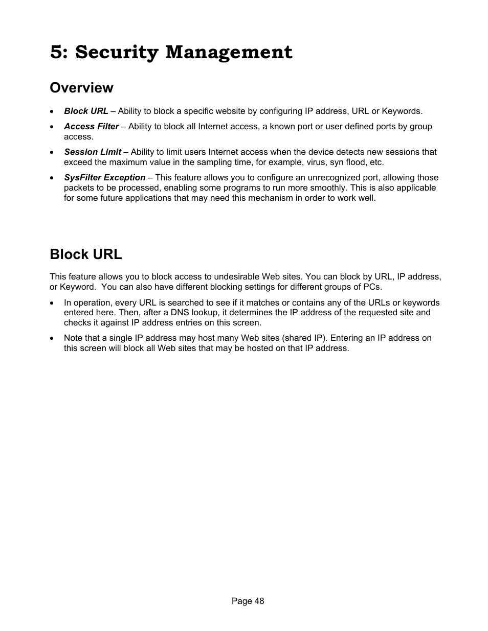 Security management, Overview, Block url | Edimax Technology ER-1088 User Manual | Page 52 / 97