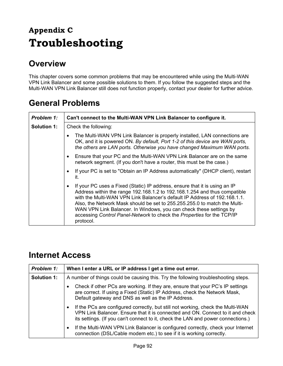 Troubleshooting, Overview, General problems | Internet access, Appendix c | Edimax Technology ER-1088 User Manual | Page 96 / 97