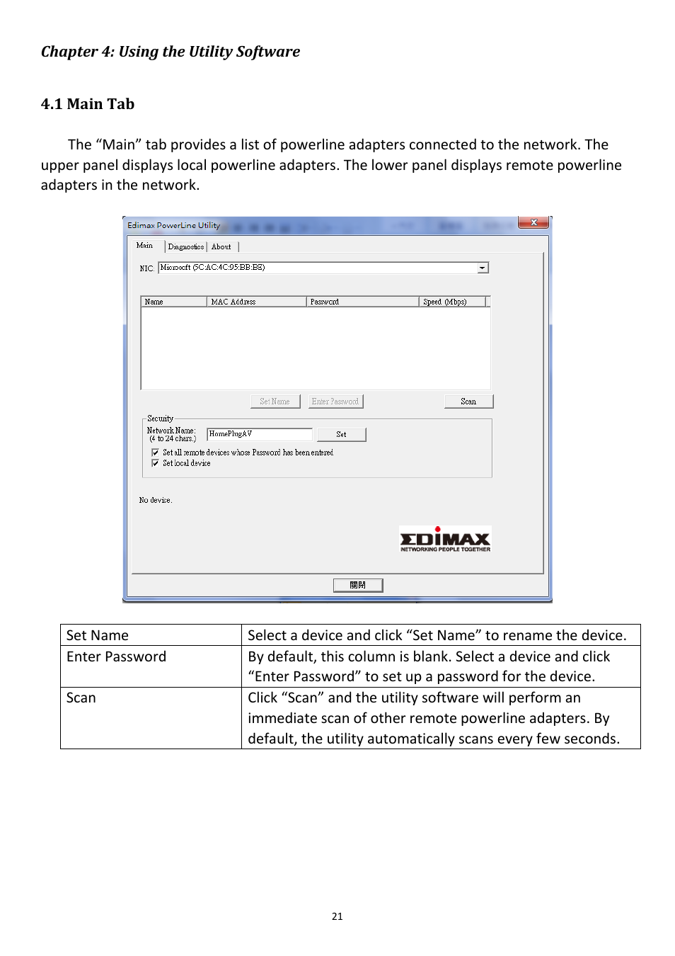 Chapter 4: using the utility software, 1 main tab | Edimax Technology HP-5102K User Manual | Page 22 / 31