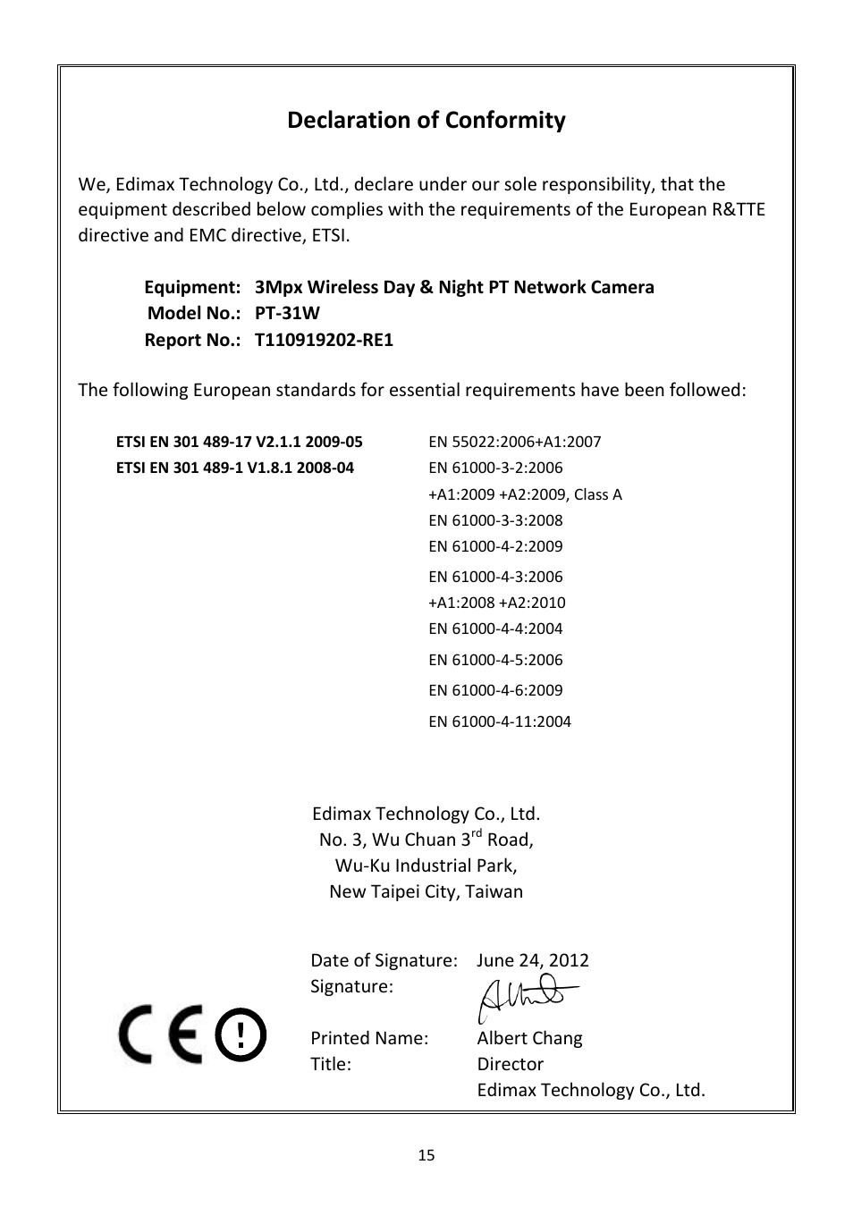 Declaration of conformity | Edimax Technology PT-31W User Manual | Page 16 / 20