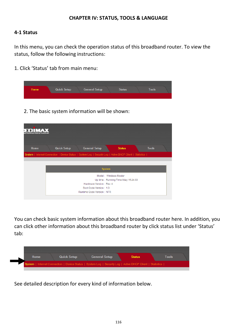 Chapter iv: status, tools & language, 1 status | Edimax Technology 3G-6218n User Manual | Page 117 / 125